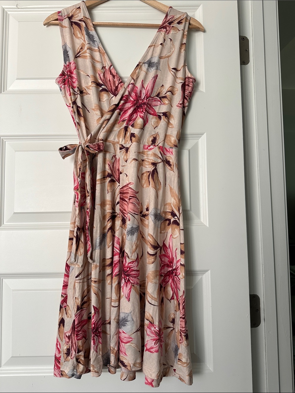 Sleeveless Wrap Midi Dress in Beige with Pink Floral Print